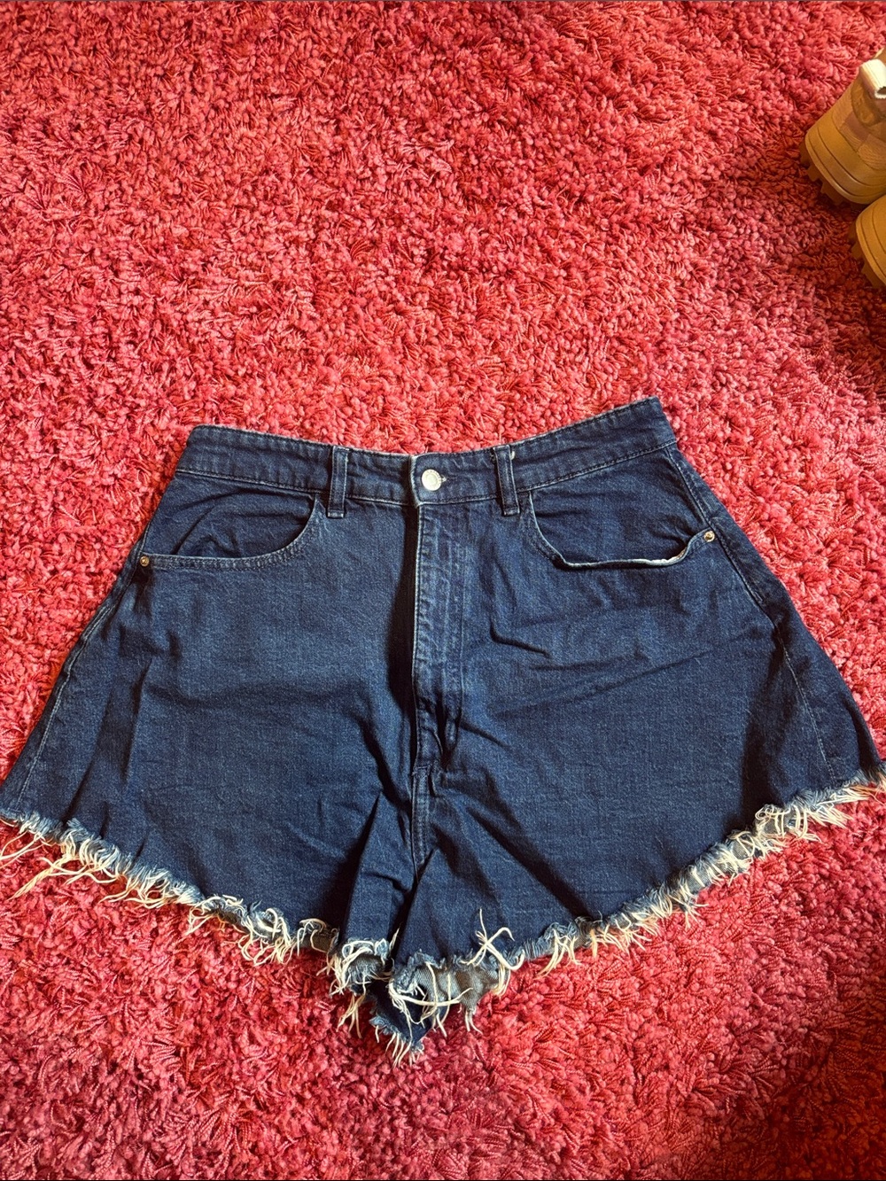 WeWoreWhat Dark Blue High-Rise Frayed Hem Denim Shorts
